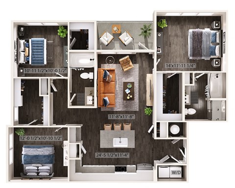 Floor plan for 3 beds, 2 baths, 1326 sqft